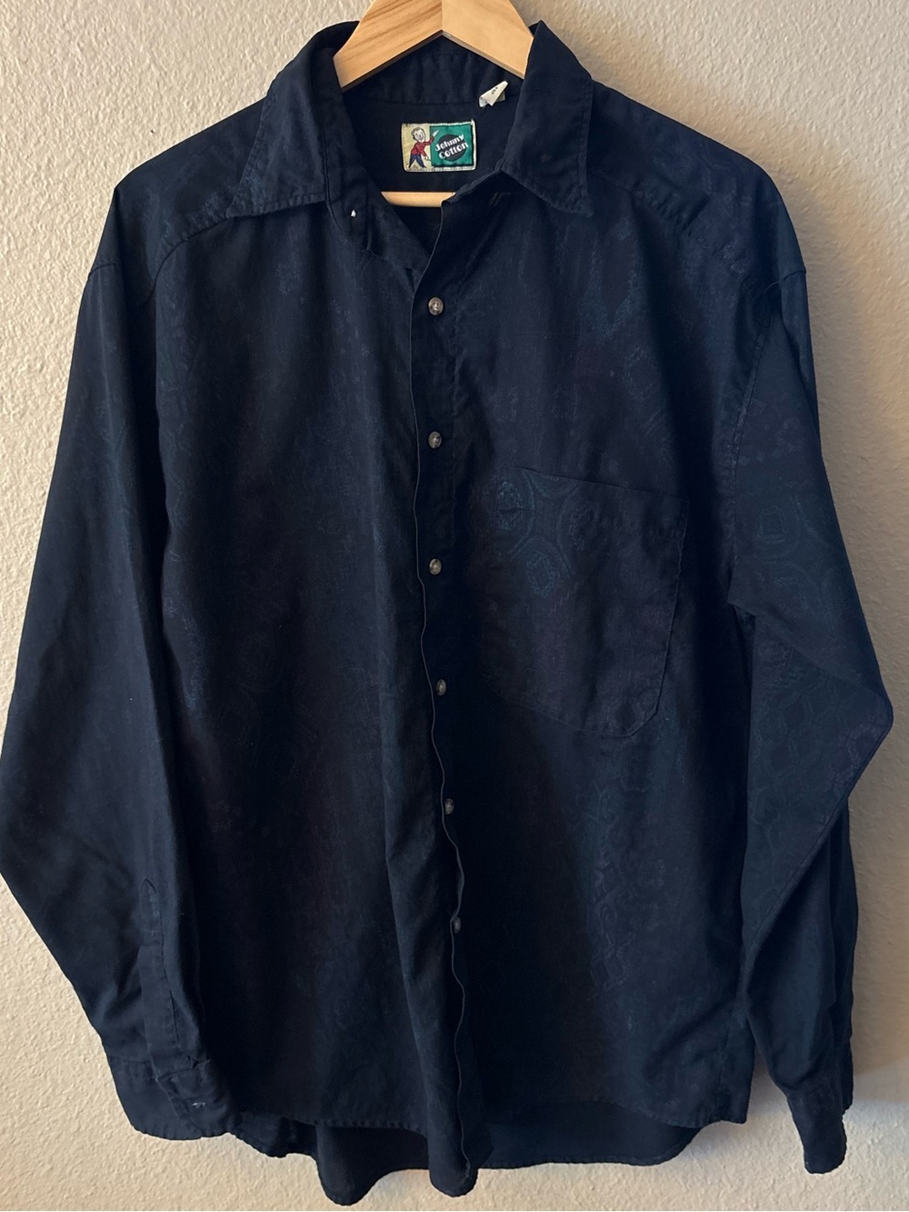Vintage Johnny Cotton Black Blue Print Button Down Shirt M Made in USA